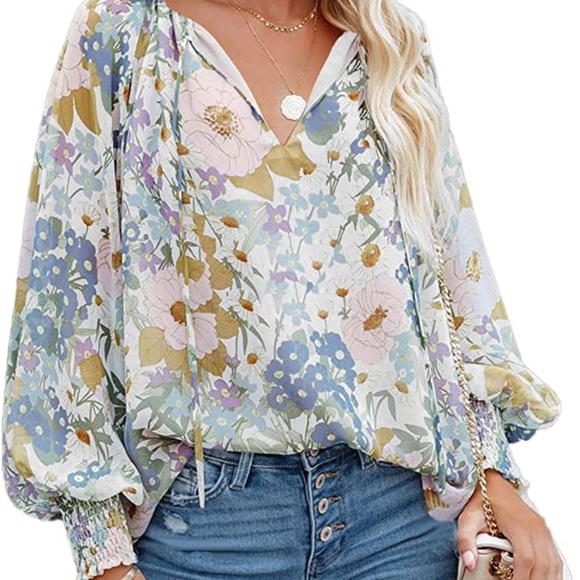 Womens V Neck Tie Front Long Sleeve Floral Blouse in Blue sz small - Picture 3 of 12